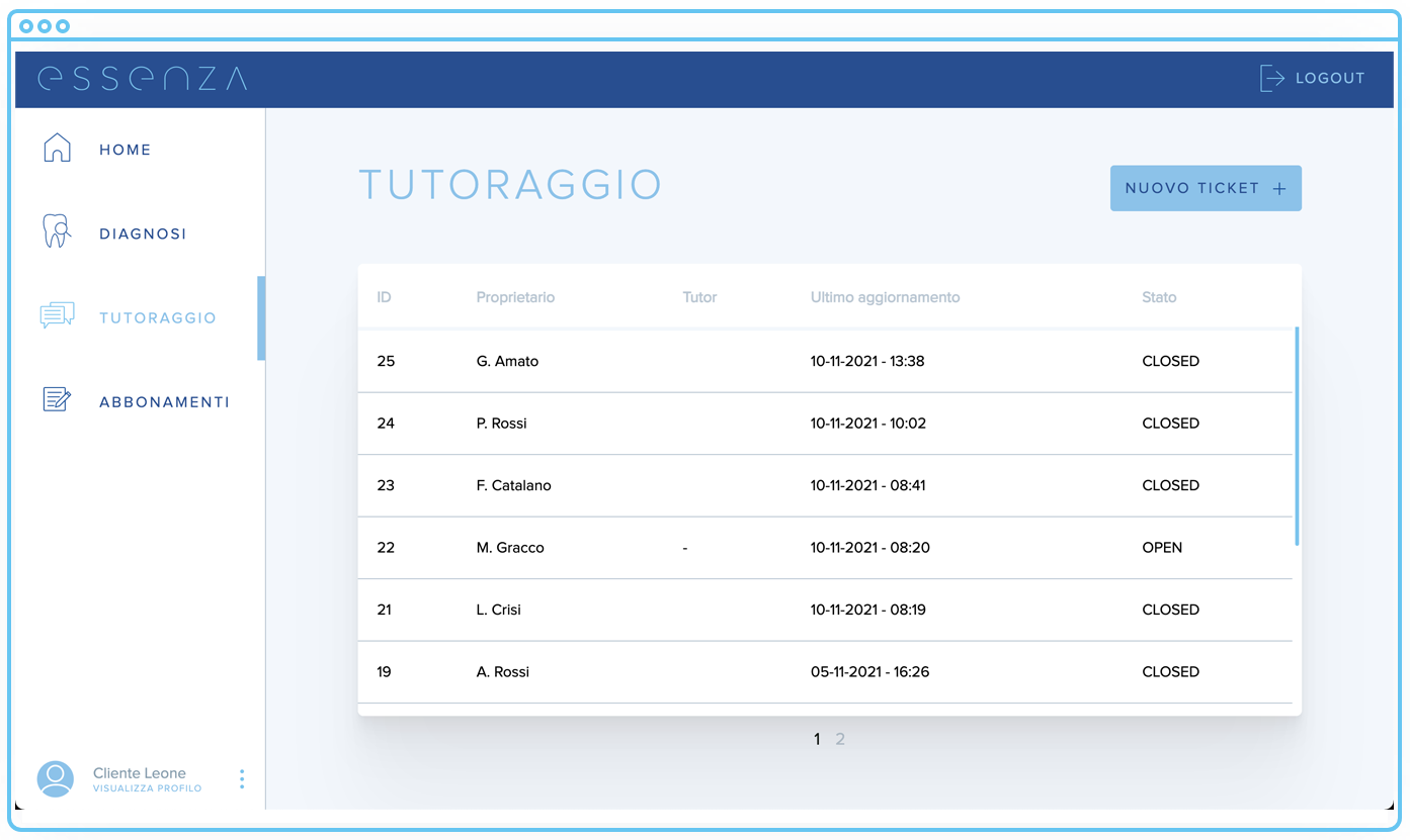Schermata archivio casi clinici nella piattaforma Essenza